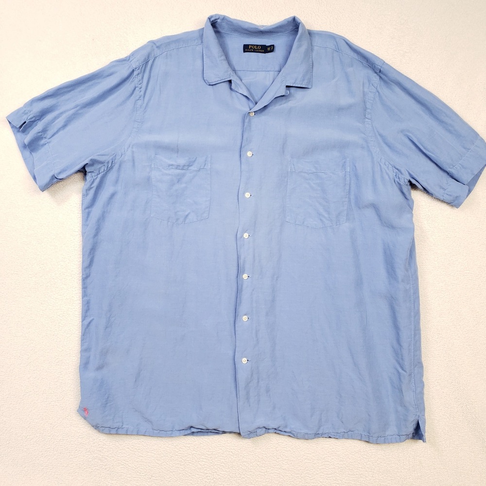 Polo Ralph Lauren Camp Shirt Mens 2XLT Blue Linen Silk Short Sleeve Loop Collar